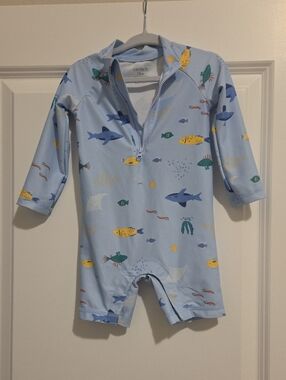 Carter's Light Blue Ocean Print Zip-Front Kids One-Piece swim Rashguard